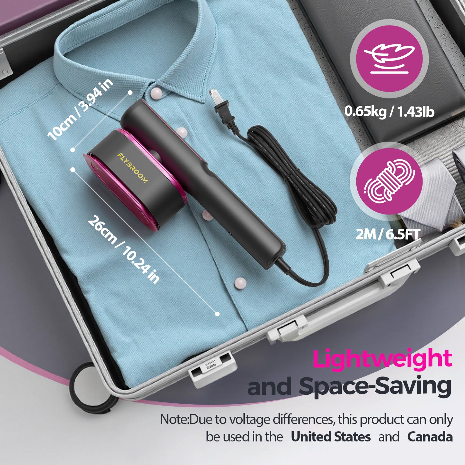 Flybroom Travel Steamer compact travel bag and accessories for portability.
