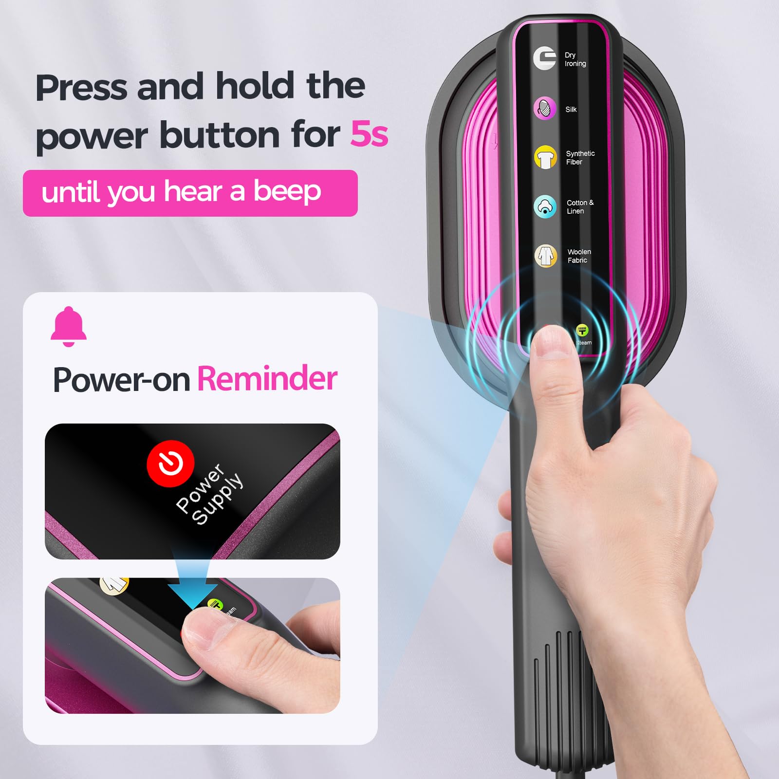 Flybroom Travel Steamer heat-up action illustrating rapid warmth.