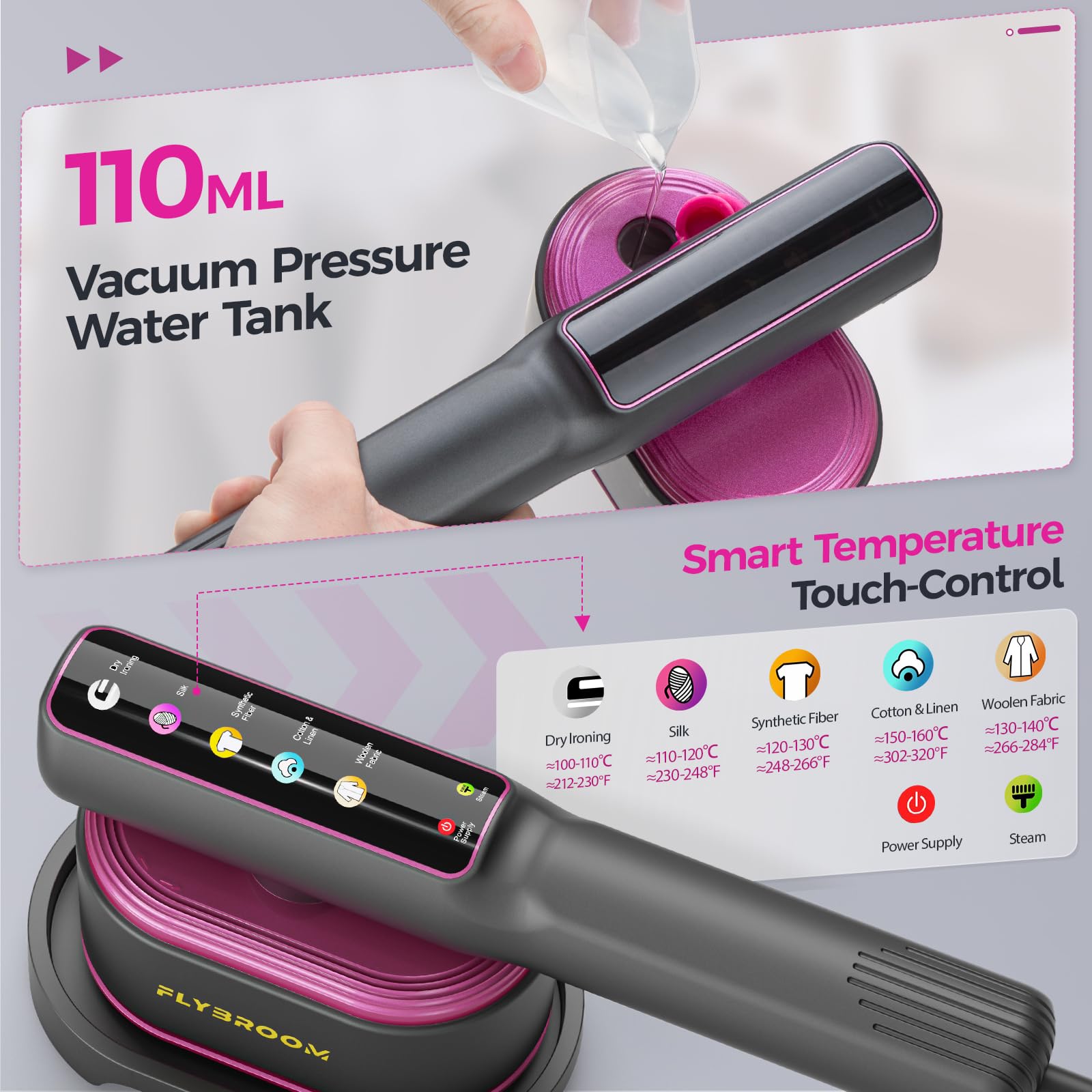 Flybroom Travel Steamer water tank highlighting extended use between refills.