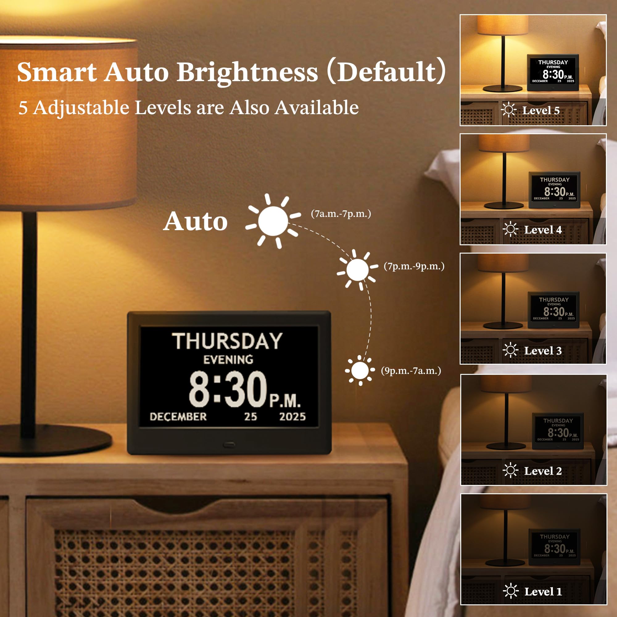 FLYRUIT dementia clock auto-dimming with language and theme customization for comfortable use