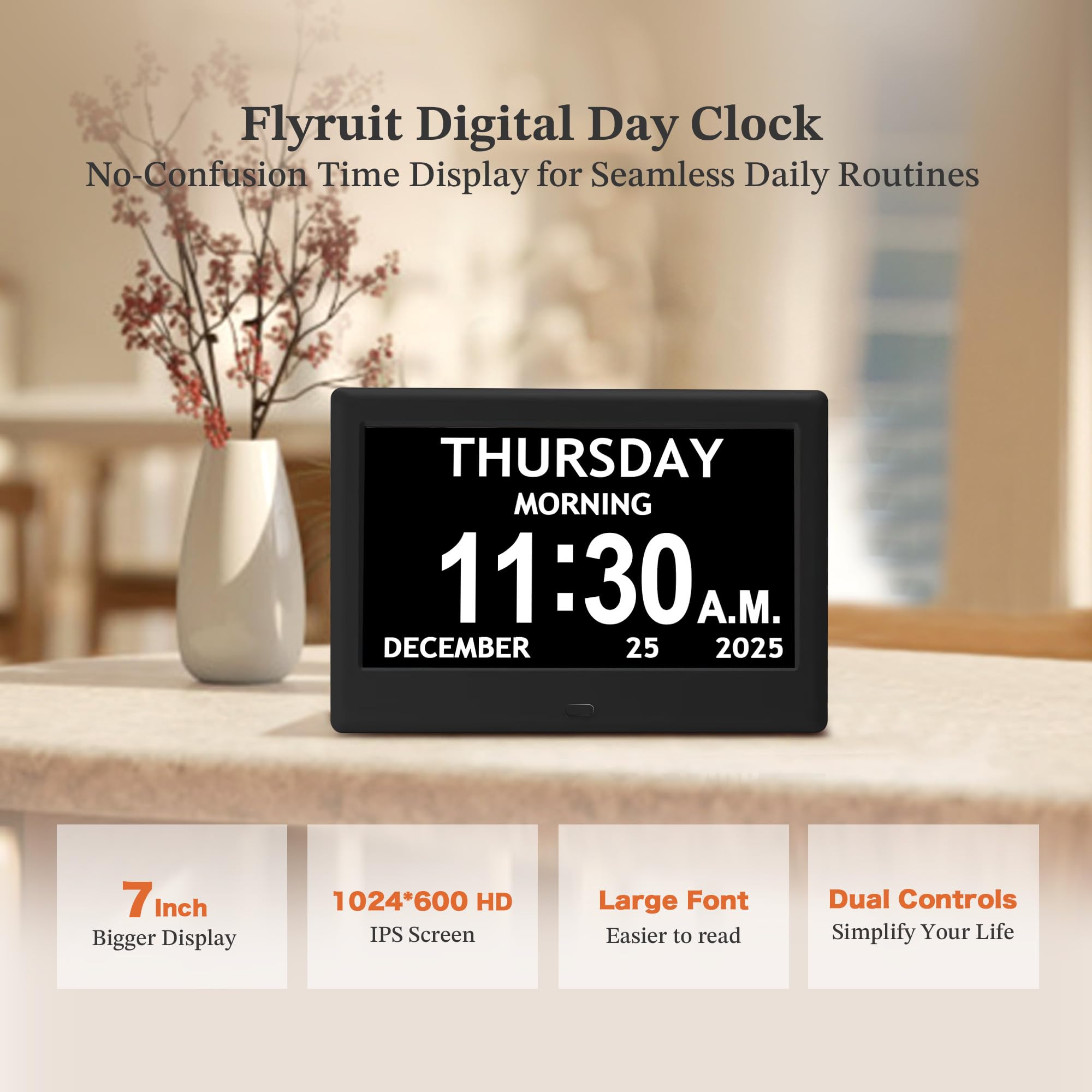 FLYRUIT dementia clock shows time, date, and day for easy daily routine