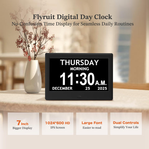 FLYRUIT dementia clock shows time, date, and day for easy daily routine