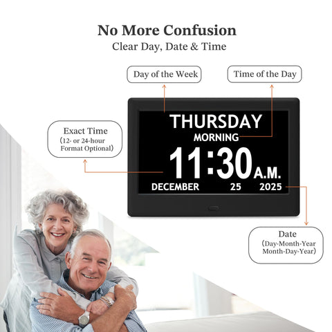 FLYRUIT dementia clock can be wall-mounted or used on a desk with easy remote control