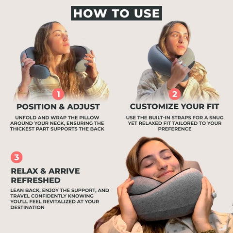 FlyHugz ergonomic neck support with adjustable strap offers universal fit.