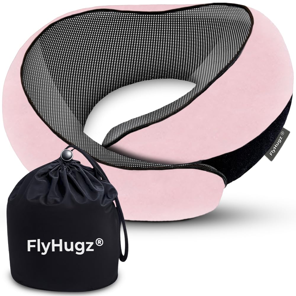 FlyHugz neck travel pillow memory foam for long flights with compact portability