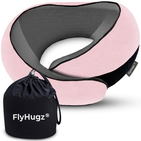 FlyHugz neck travel pillow memory foam for long flights with compact portability