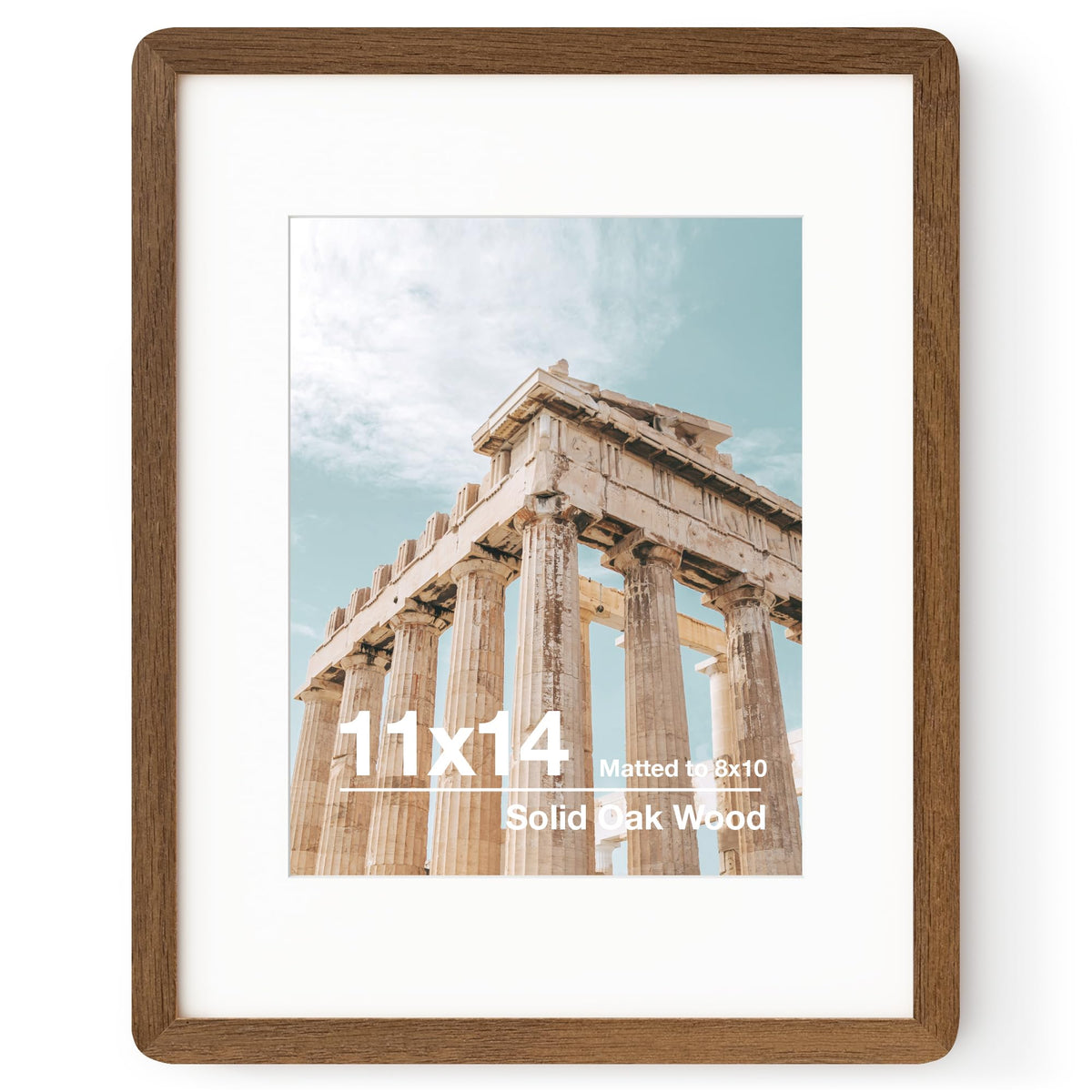 FLYJOE 11x14 walnut frame highlights natural oak grain for elegant living room display.