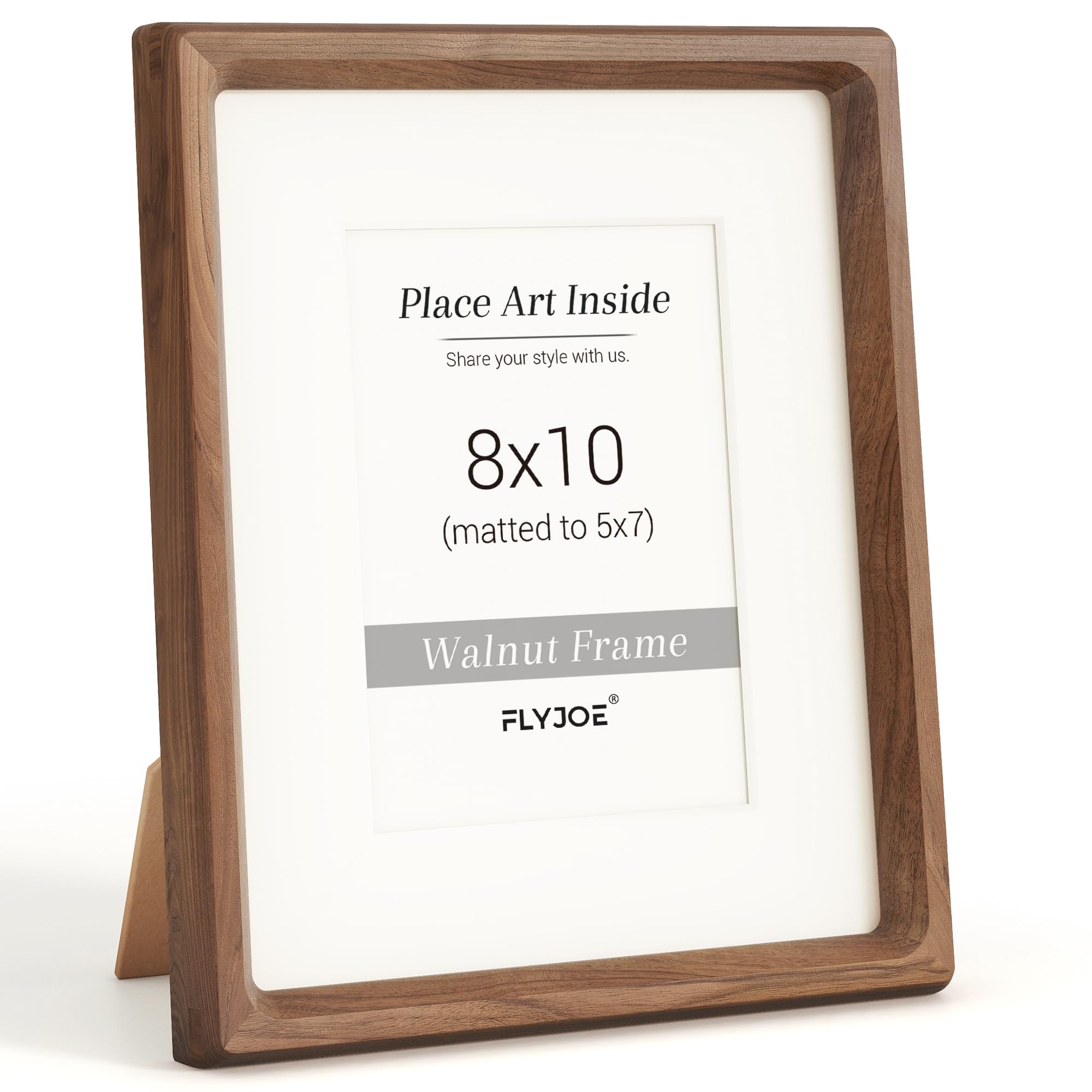 Flyjoe 8x10 walnut frame front view highlights natural walnut grain for wall or tabletop display.