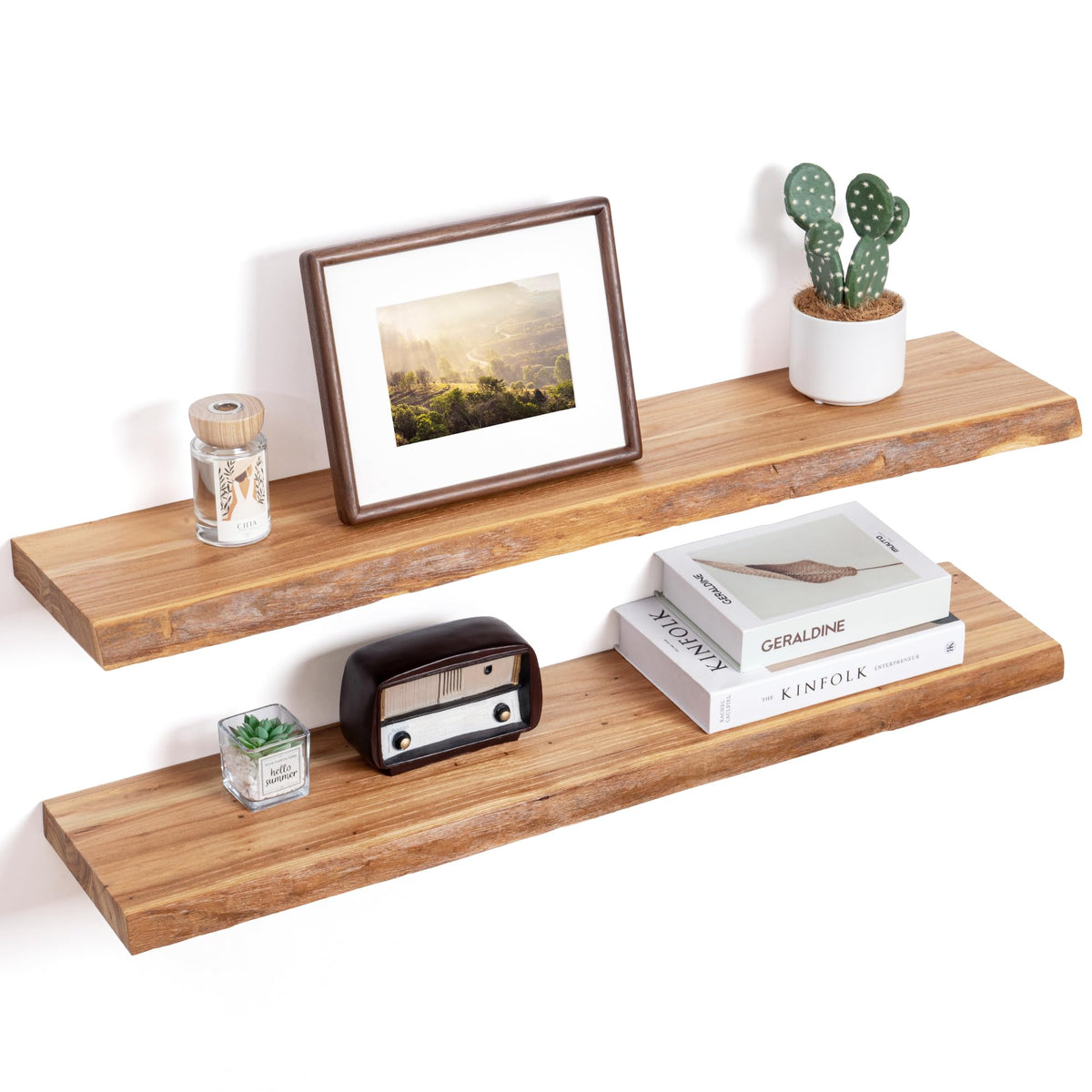 FLYJOE floating shelves with live edge elm wood add natural texture to any wall