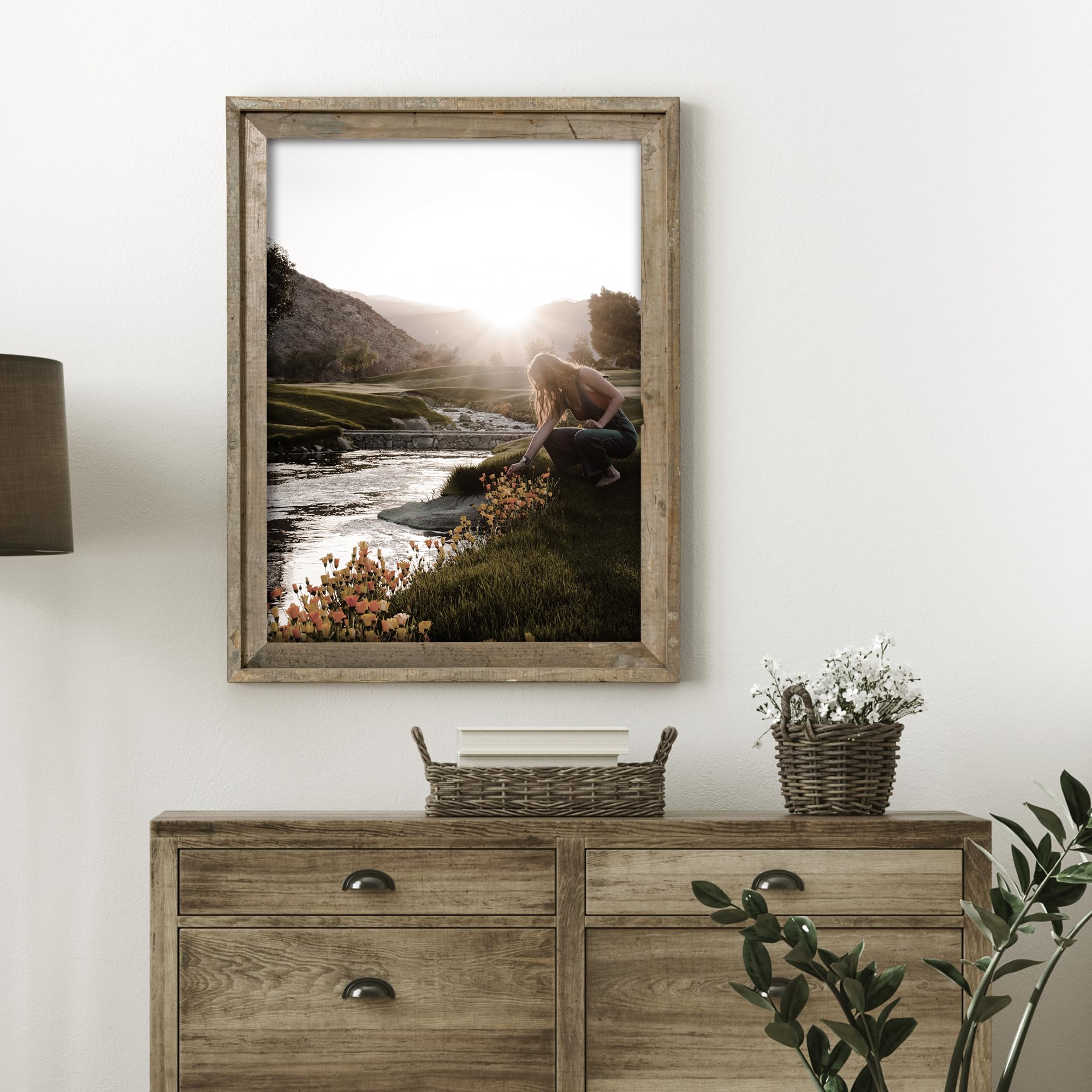 Flyjoe reclaimed barnwood molding shows natural nail holes, perfect for a rustic gallery wall.