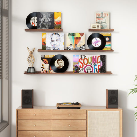 FLYJOE wooden ledge shelves keep items secure while displaying frames on nursery walls.