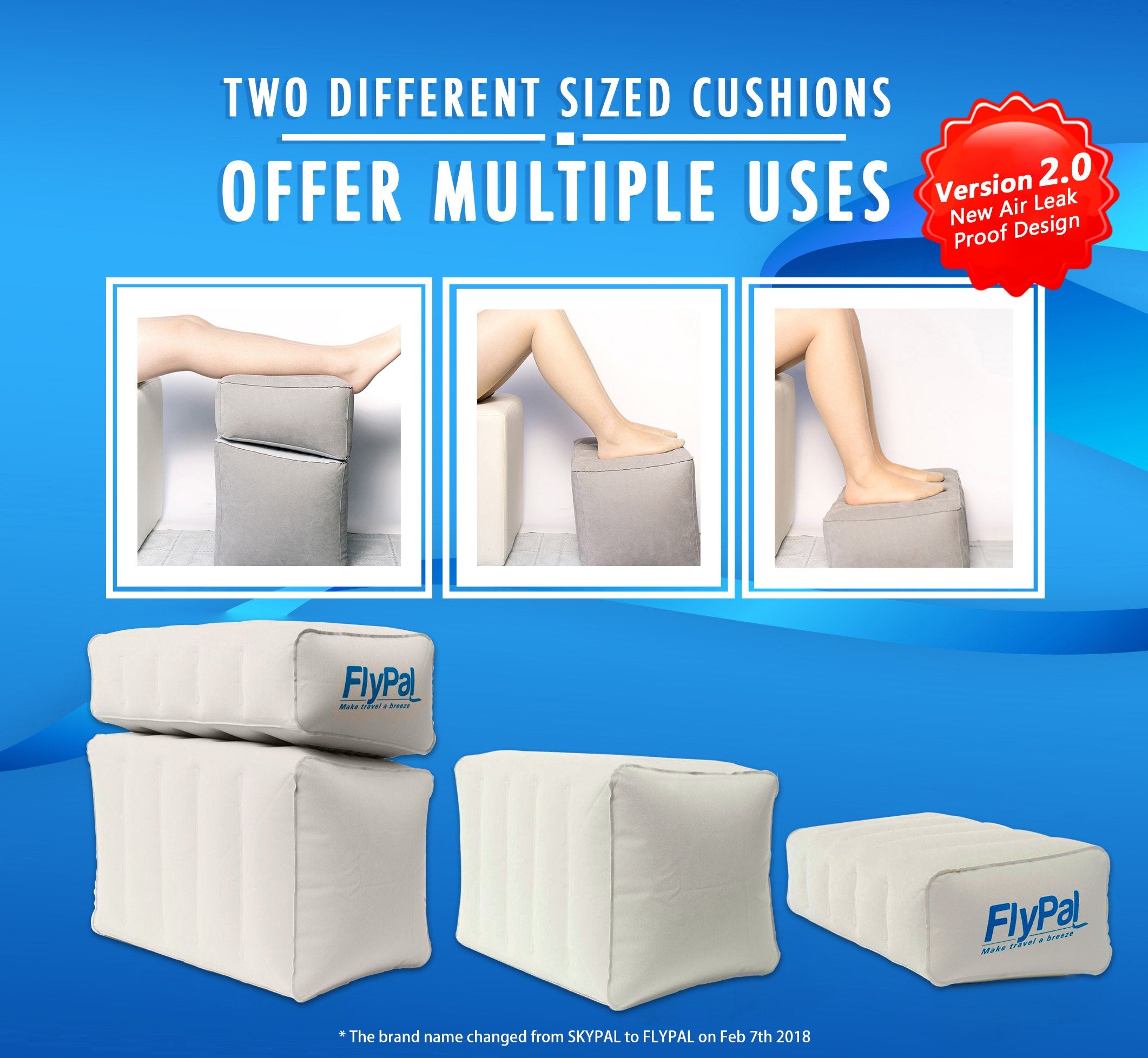 Flypal foot rest pillow inflating for on-the-go comfort.
