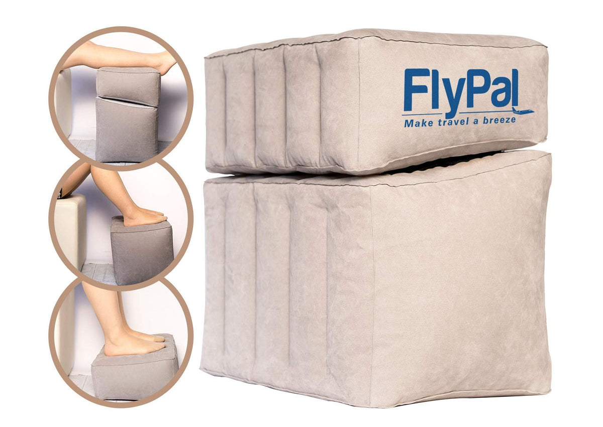 Flypal inflatable foot rest pillow packed compactly for travel.