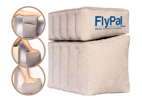 Flypal inflatable foot rest pillow packed compactly for travel.