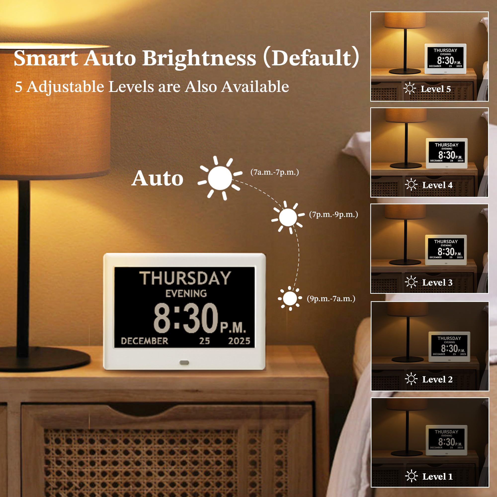 FLYRUIT auto-dimming brightness adapts to lighting for comfortable viewing.