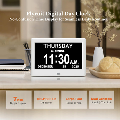 FLYRUIT dementia clock date and day view helps track days at a glance.