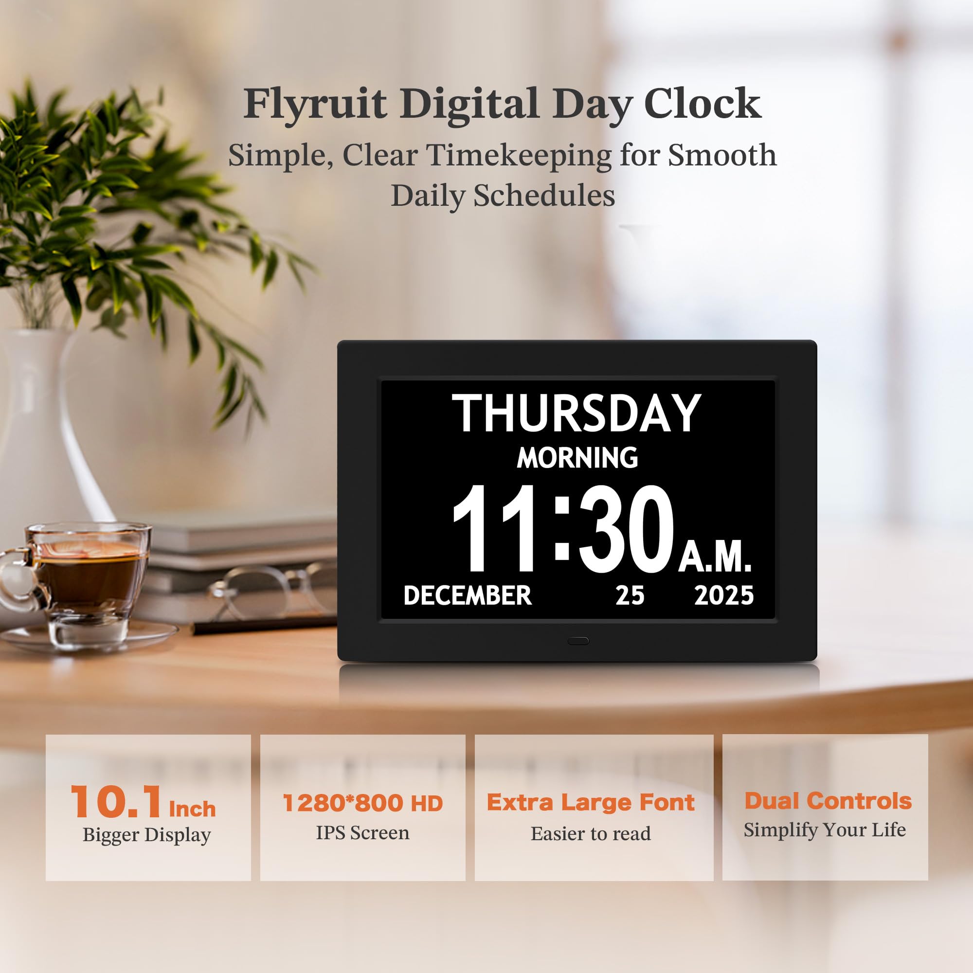 FLYRUIT remote control for quick, easy clock adjustments.