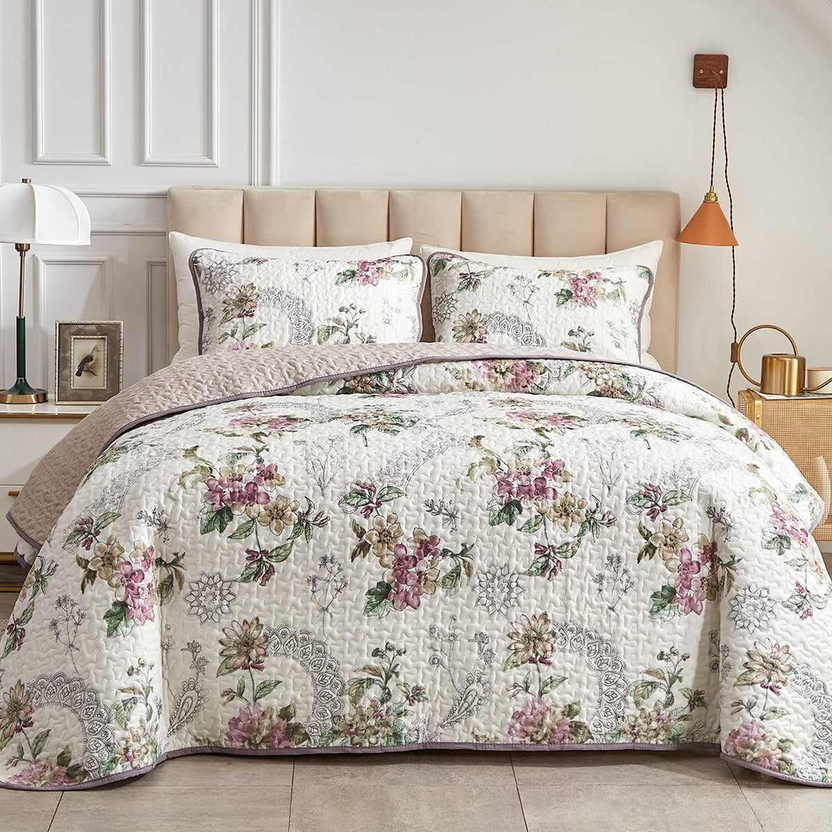 Flysheep beige floral quilt top view showing soft microfiber fabric