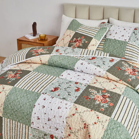 Flysheep patchwork quilt on a queen bed showing drape and pattern