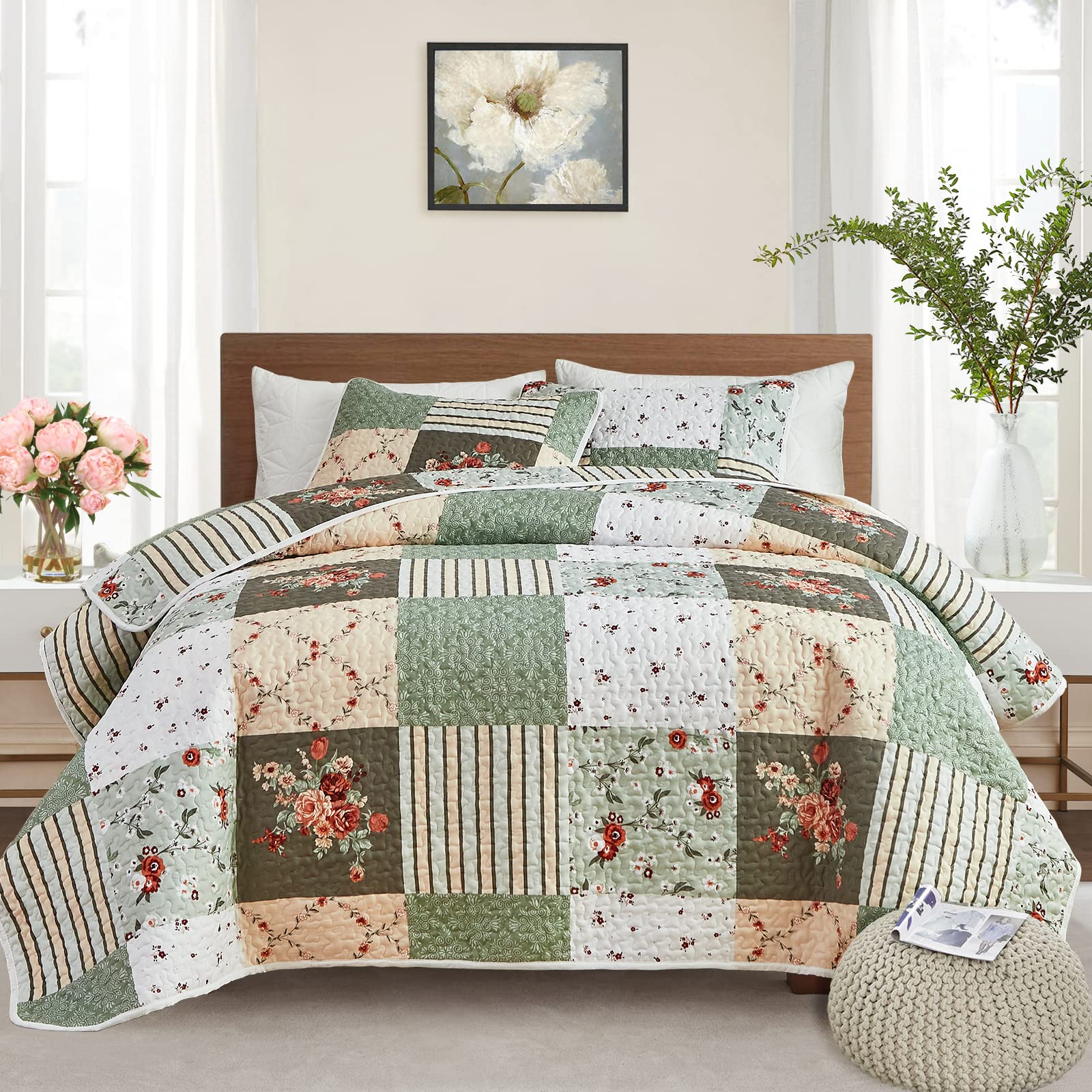 Flysheep patchwork quilt set king front view shows soft microfiber comfort for all-season use.