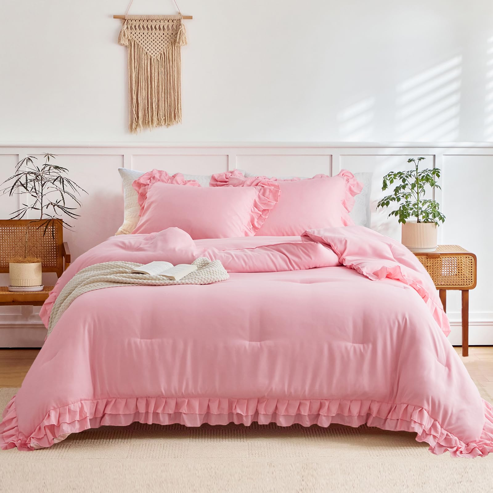 Flysheep pink ruffled comforter close-up shows soft microfiber feel
