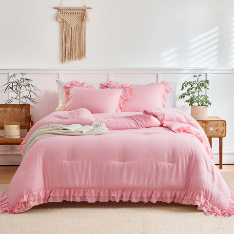Flysheep pink ruffled comforter close-up shows soft microfiber feel