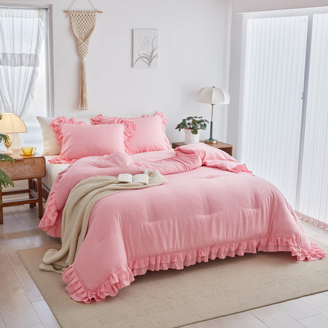 Flysheep pink ruffled comforter twin setup on bed