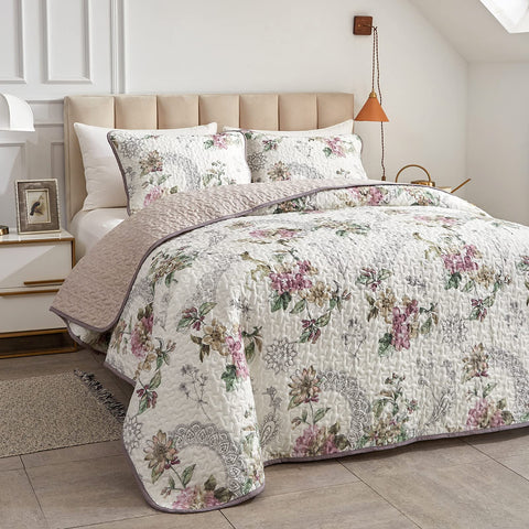 Flysheep quilt set king beige floral reversible view showing dual styling.