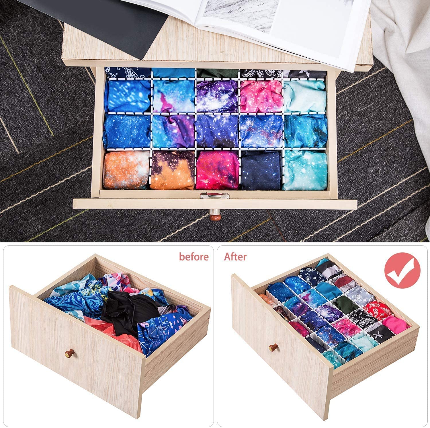 Socks and underwear drawers stay neat and accessible with Flytianmy dividers.