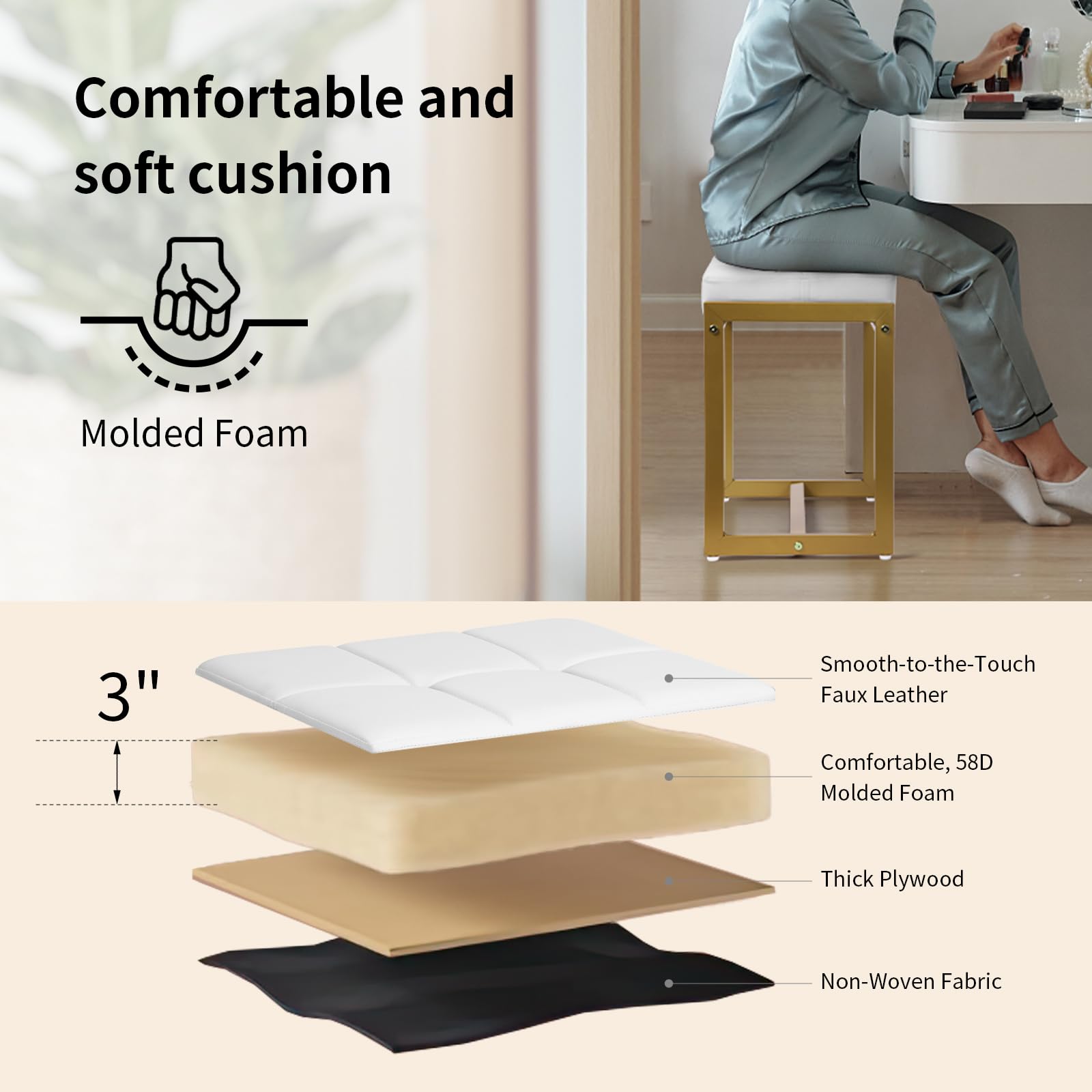 FLYZC vanity stool with adjustable feet maintains balance on uneven floors