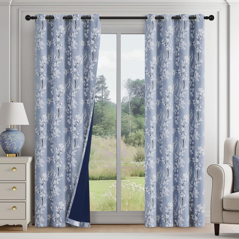 FMFUNCTEX blue floral curtain panel blocks light for a darker bedroom.