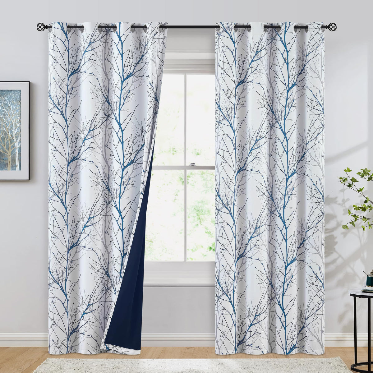 FMFUNCTEX blue-grey tree-branch print curtain adds a modern natural touch to your living room.