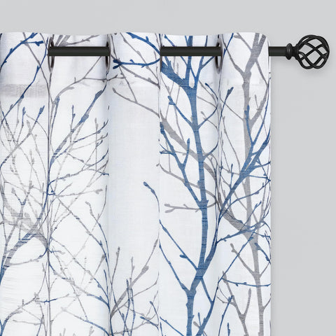 FMFUNCTEX linen semi-sheer curtains with blue-grey branch pattern for airy spaces.
