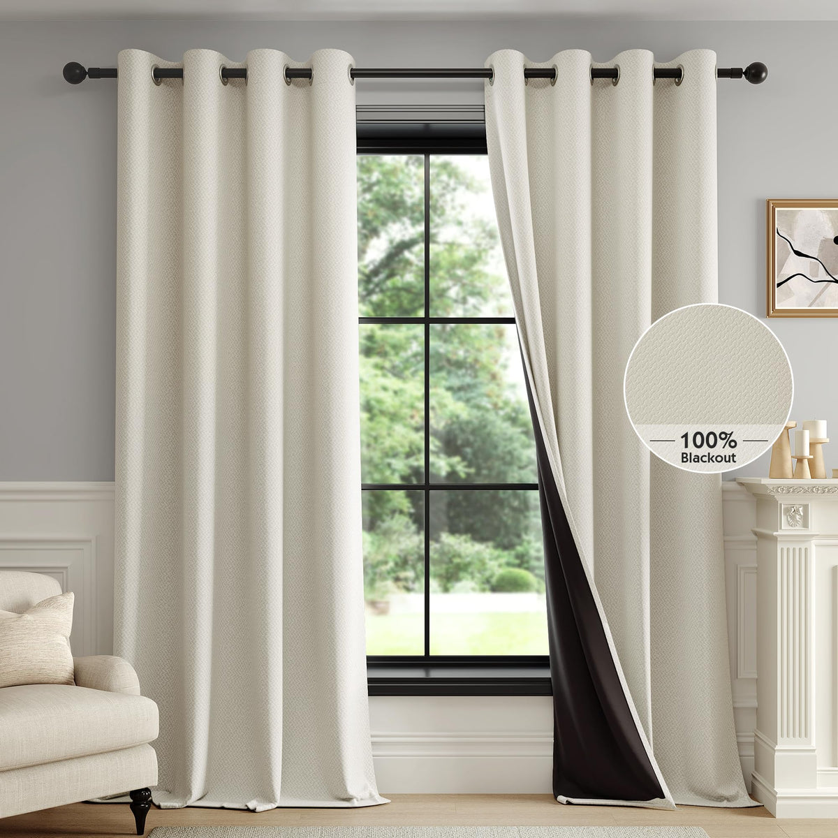 FMFUNCTEX beige blackout curtains blocking glare and privacy in a living room