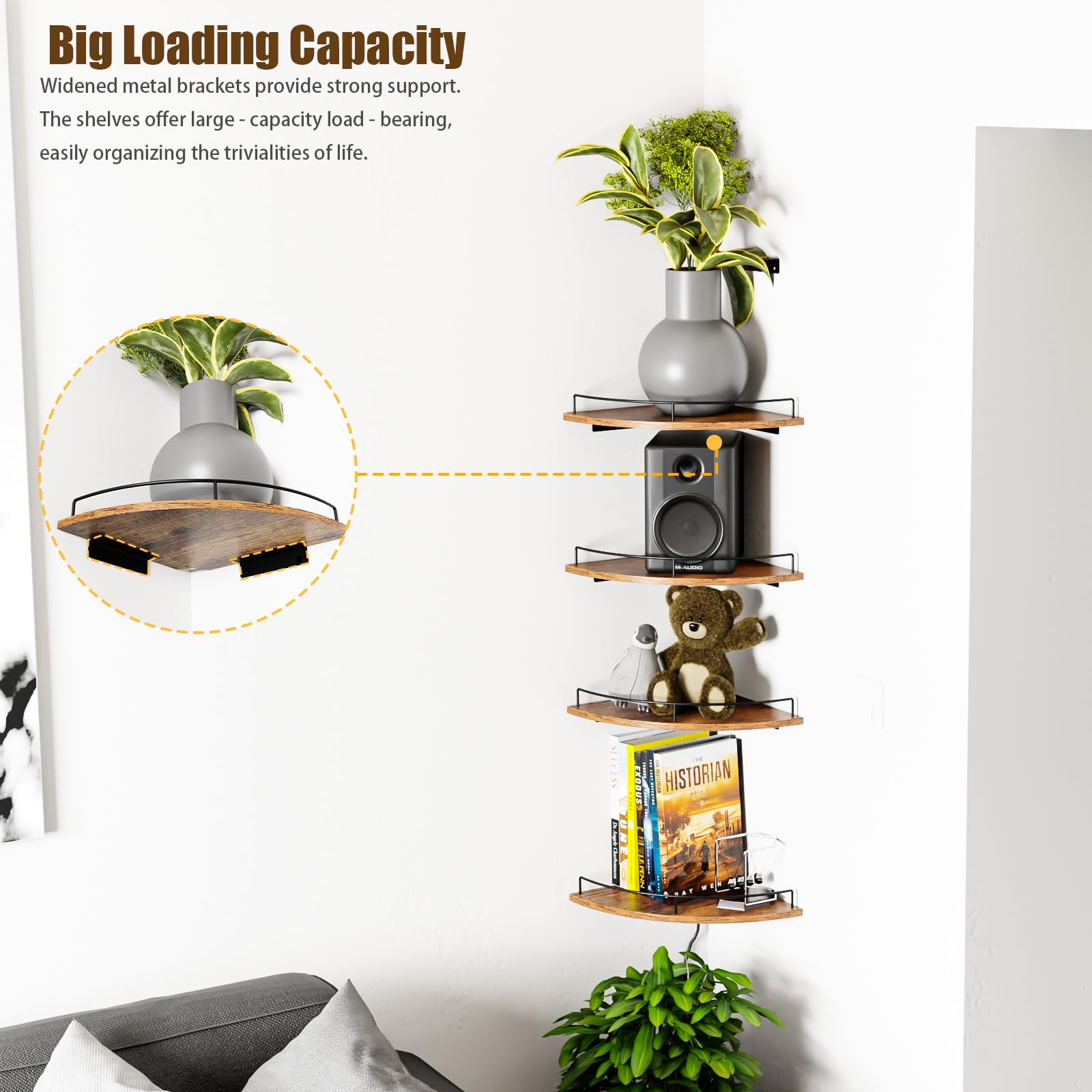 FNBAR corner shelves in a living room corner maximize space.