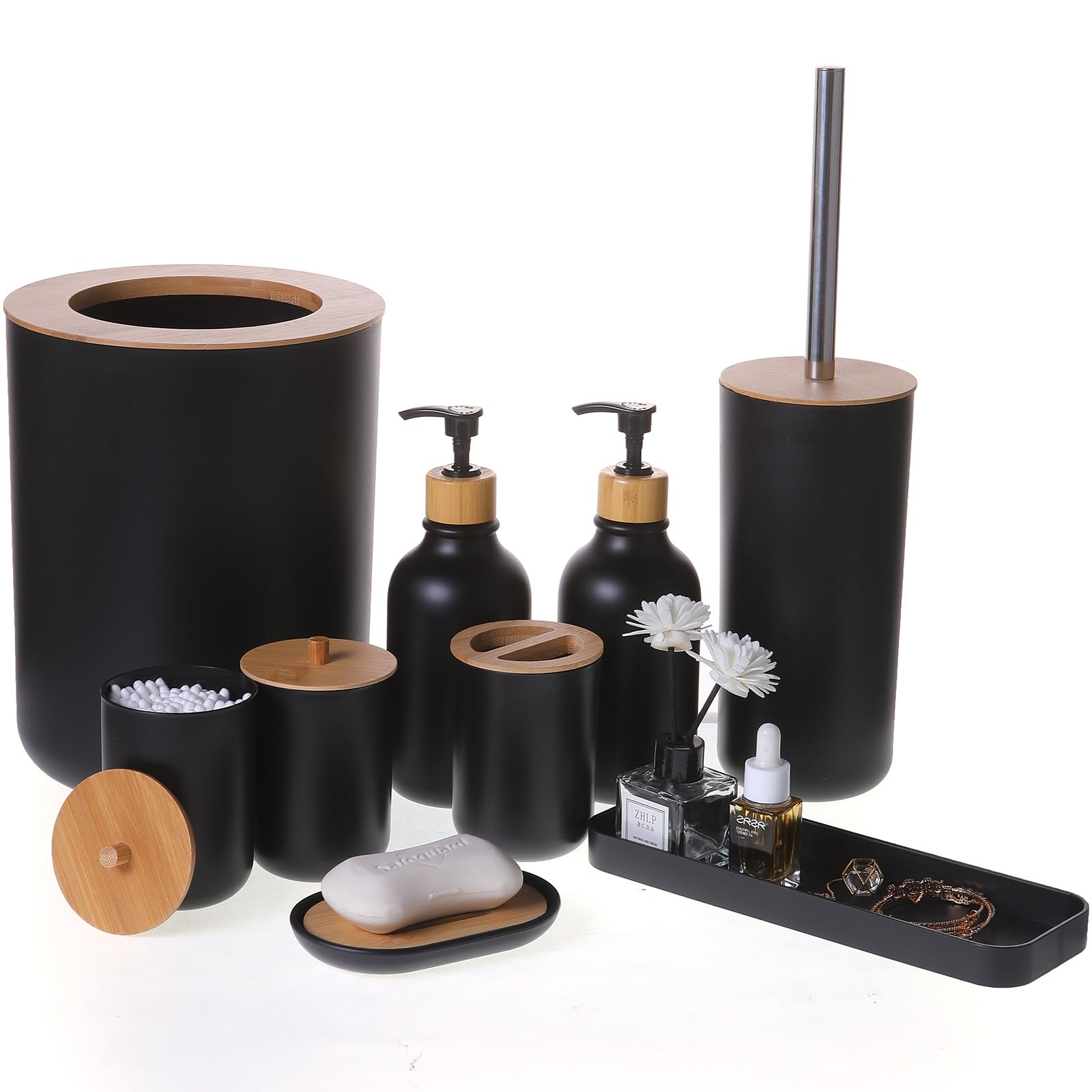 FNGJMJG matte black 9-piece bathroom set on a clean vanity for organized elegance