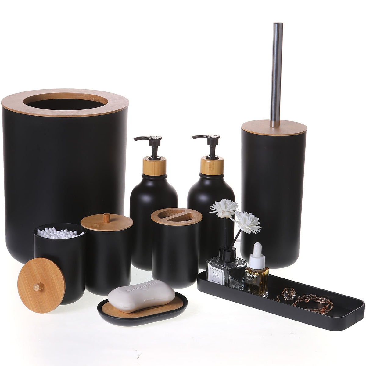 FNGJMJG matte black 9-piece bathroom set on a clean vanity for organized elegance