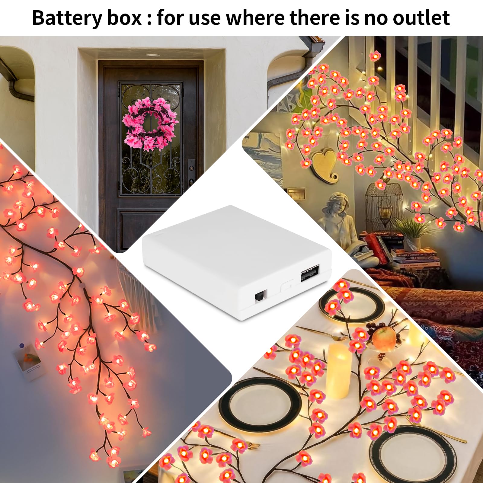 Bedroom setup with FNHMSL Willow Vine Light showing petals and warm glow