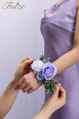 Fnize purple wrist corsage with ribbon attachment stays secure on the wrist
