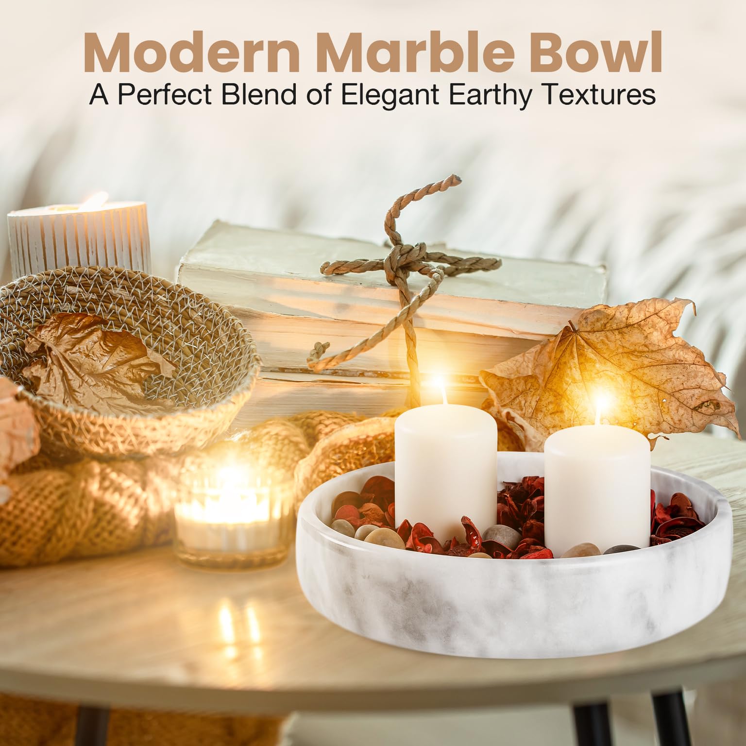 FNTSTICGOODS marble decorative bowl on wood surface adds timeless minimalism.