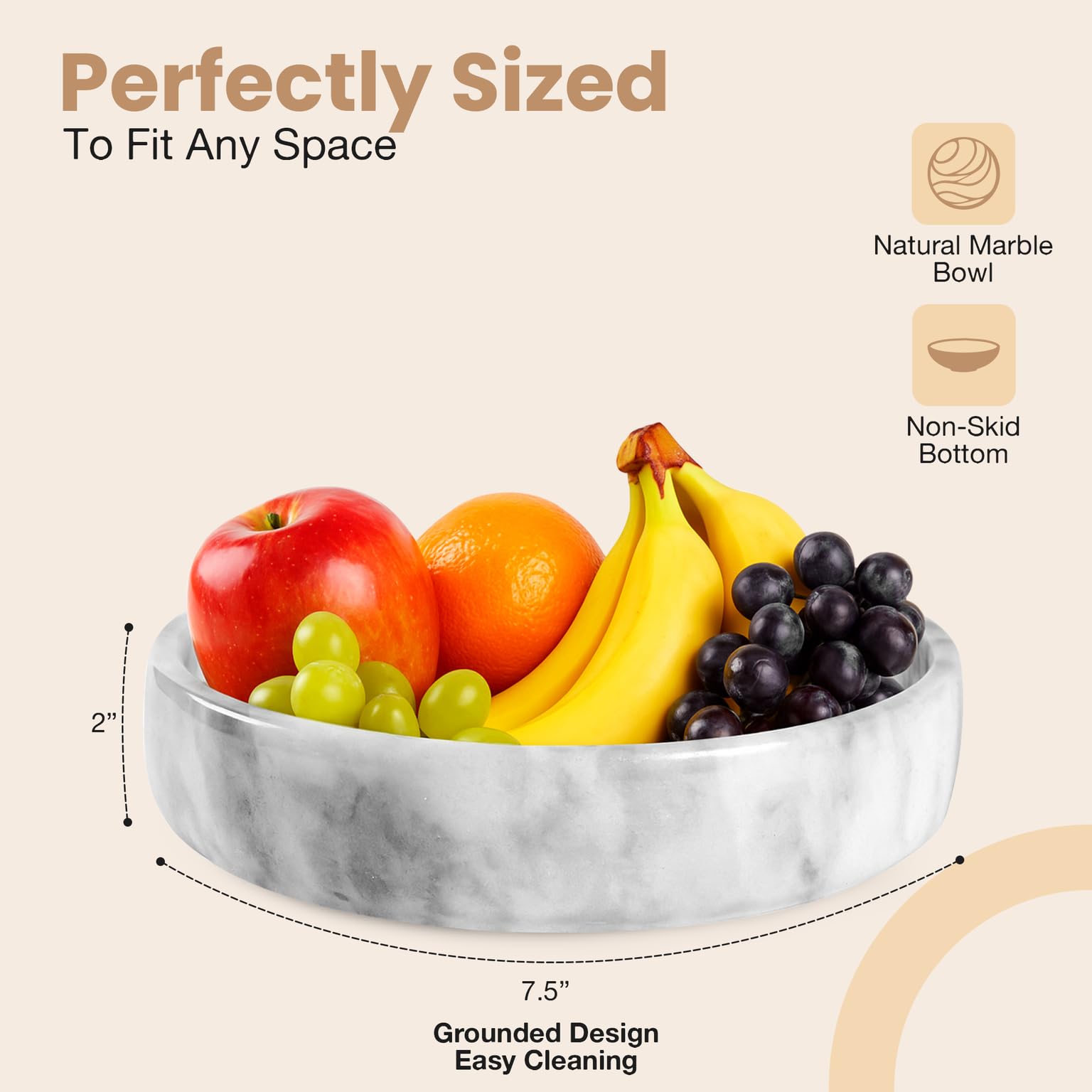 FNTSTICGOODS marble decorative bowl side view emphasizes minimalist elegance on a countertop.