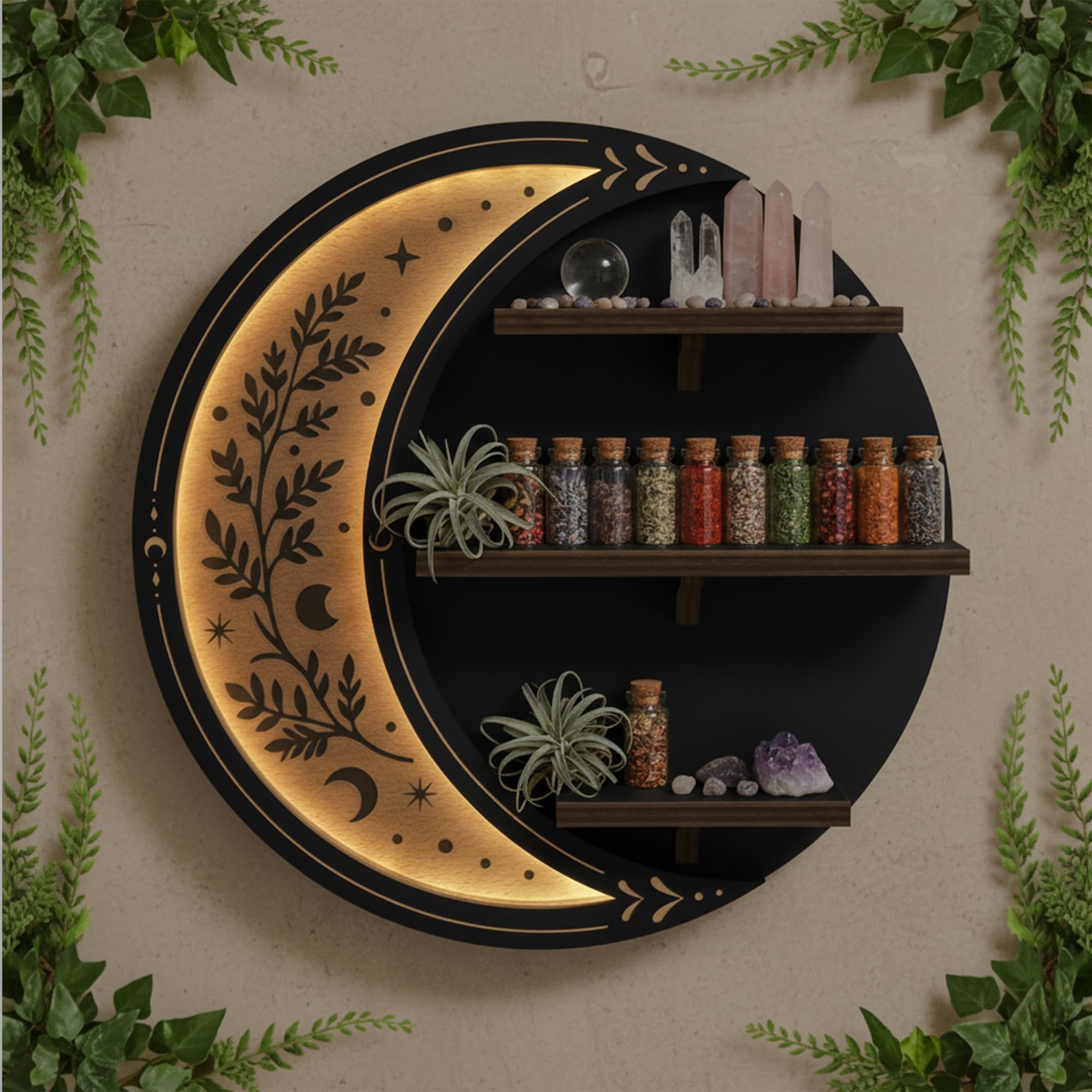 FNYDOX crescent moon wall shelf with LED glow displays crystals.