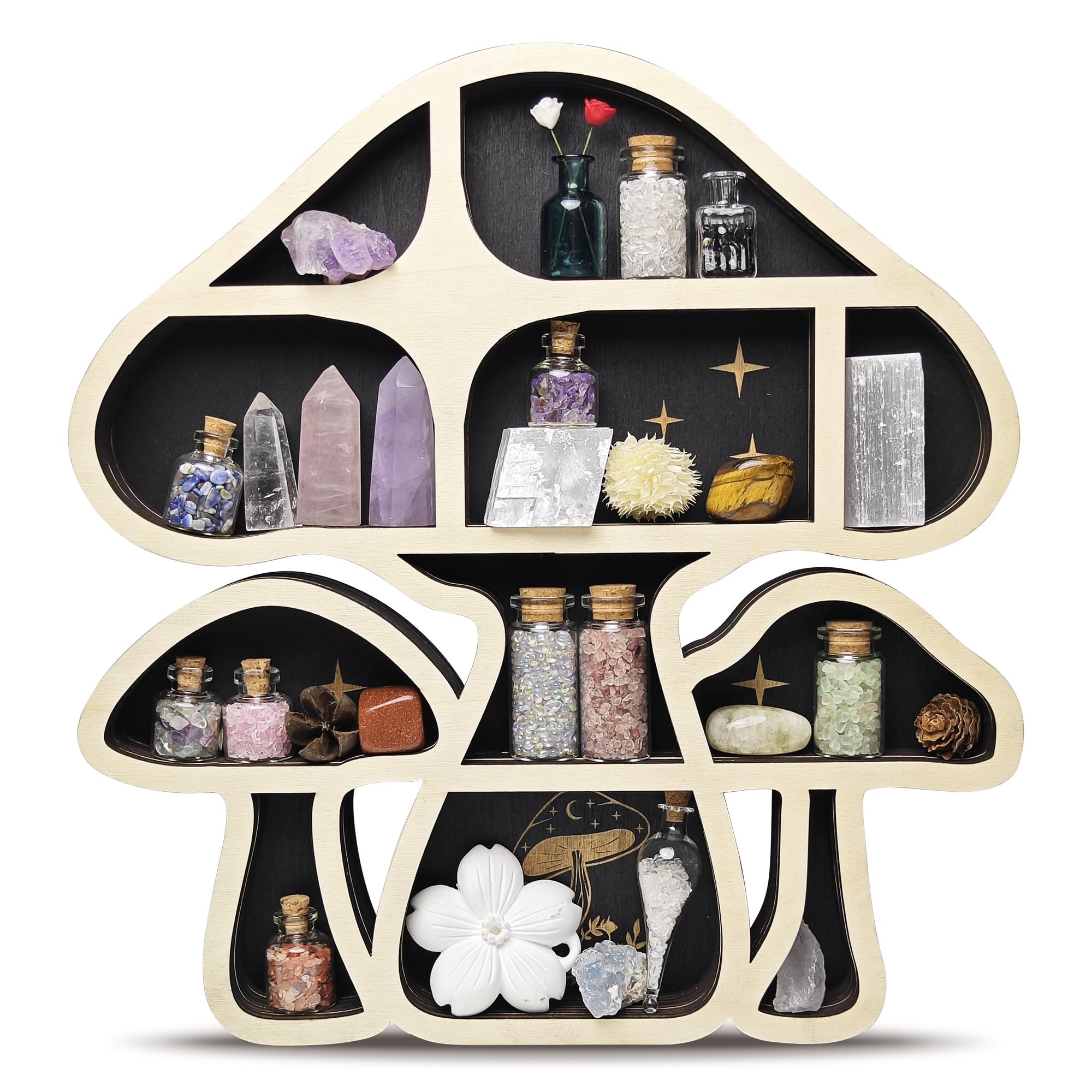 FNYDOX wooden mushroom floating shelf crystal display keeps crystals neatly organized