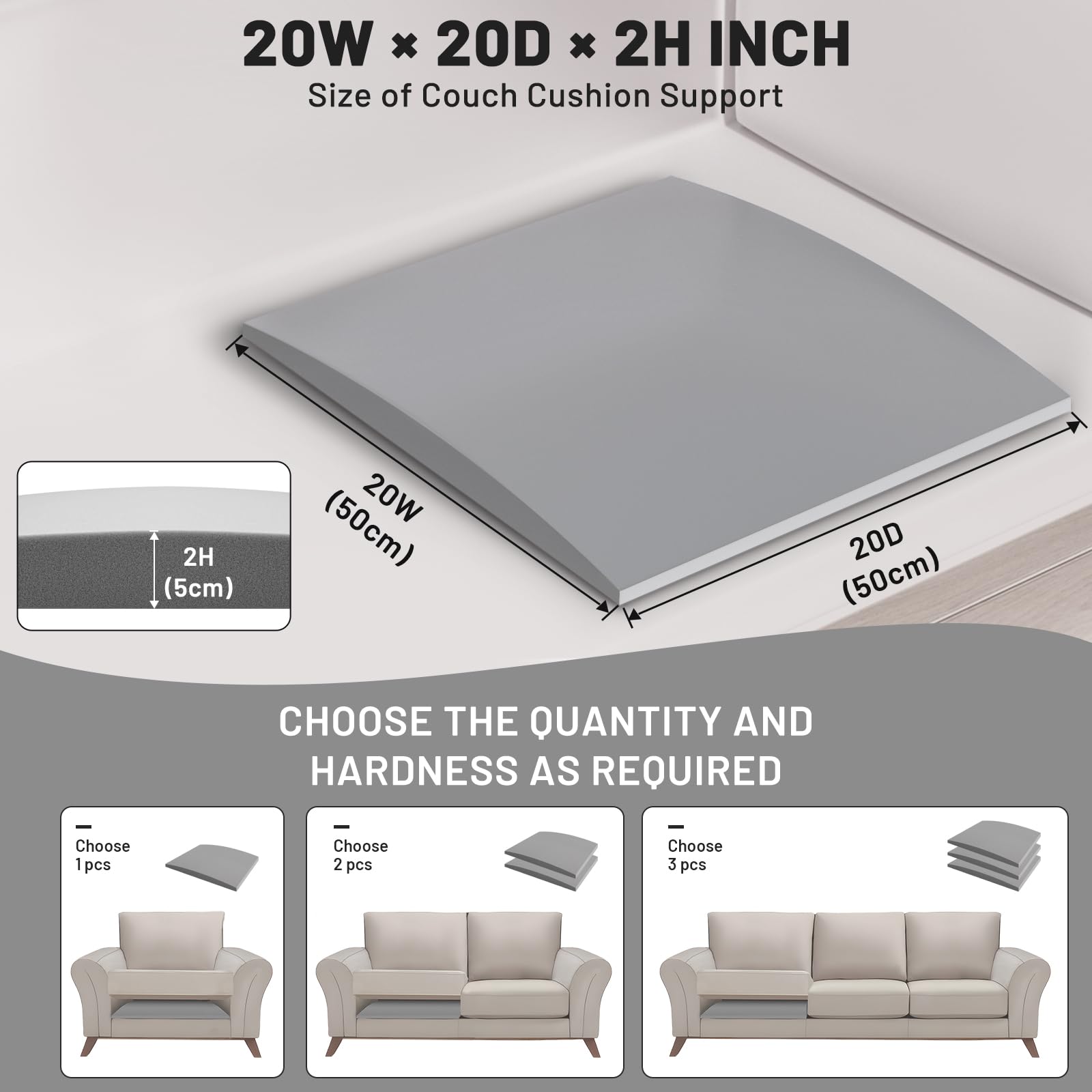 Foamagic couch cushion support 20x20x2-in size fits most sofas discreetly.