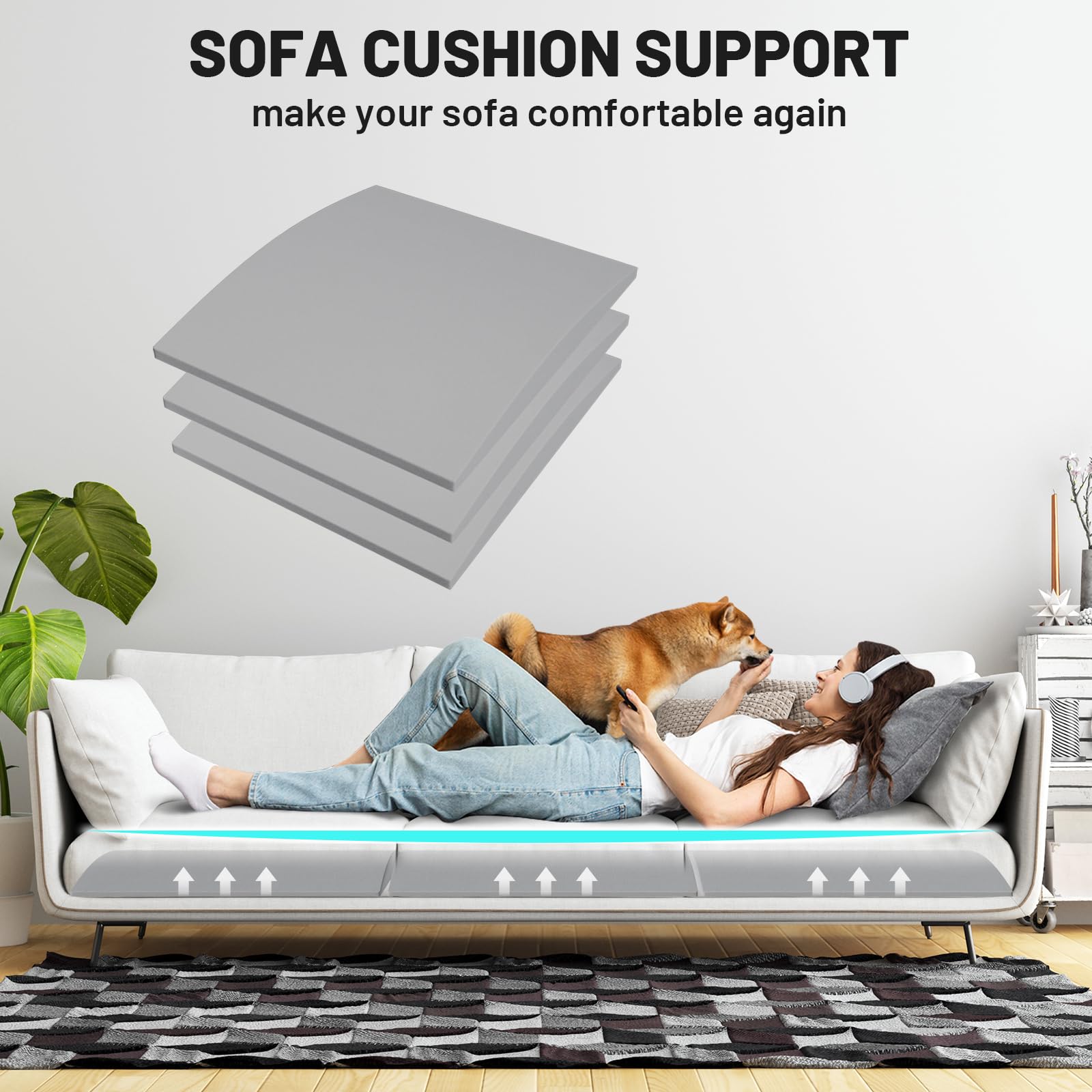 Foamagic couch cushion support vacuum-packed for easy storage and rapid recovery.