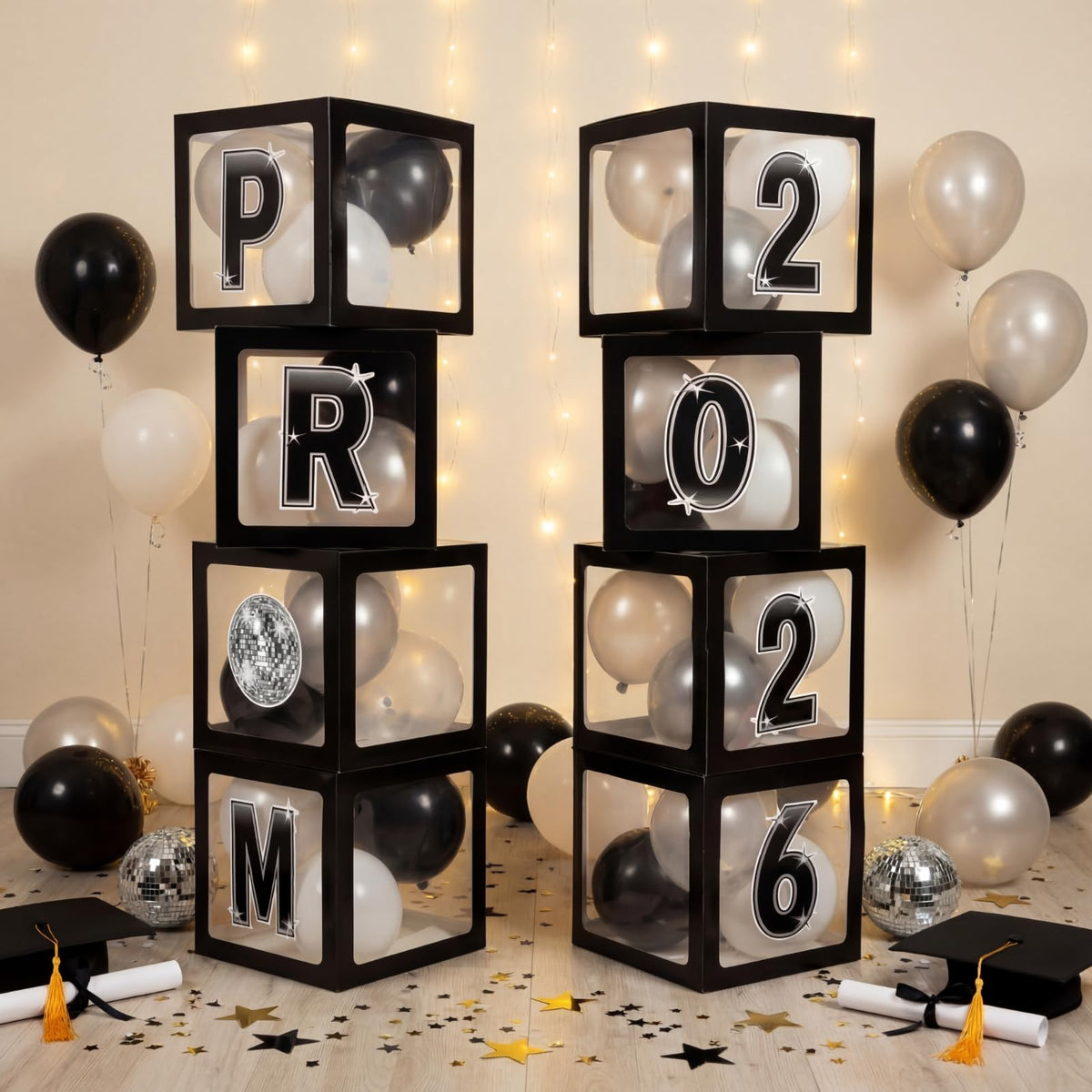 Foilswirl prom 2026 display boxes create a dramatic photo-ready centerpiece