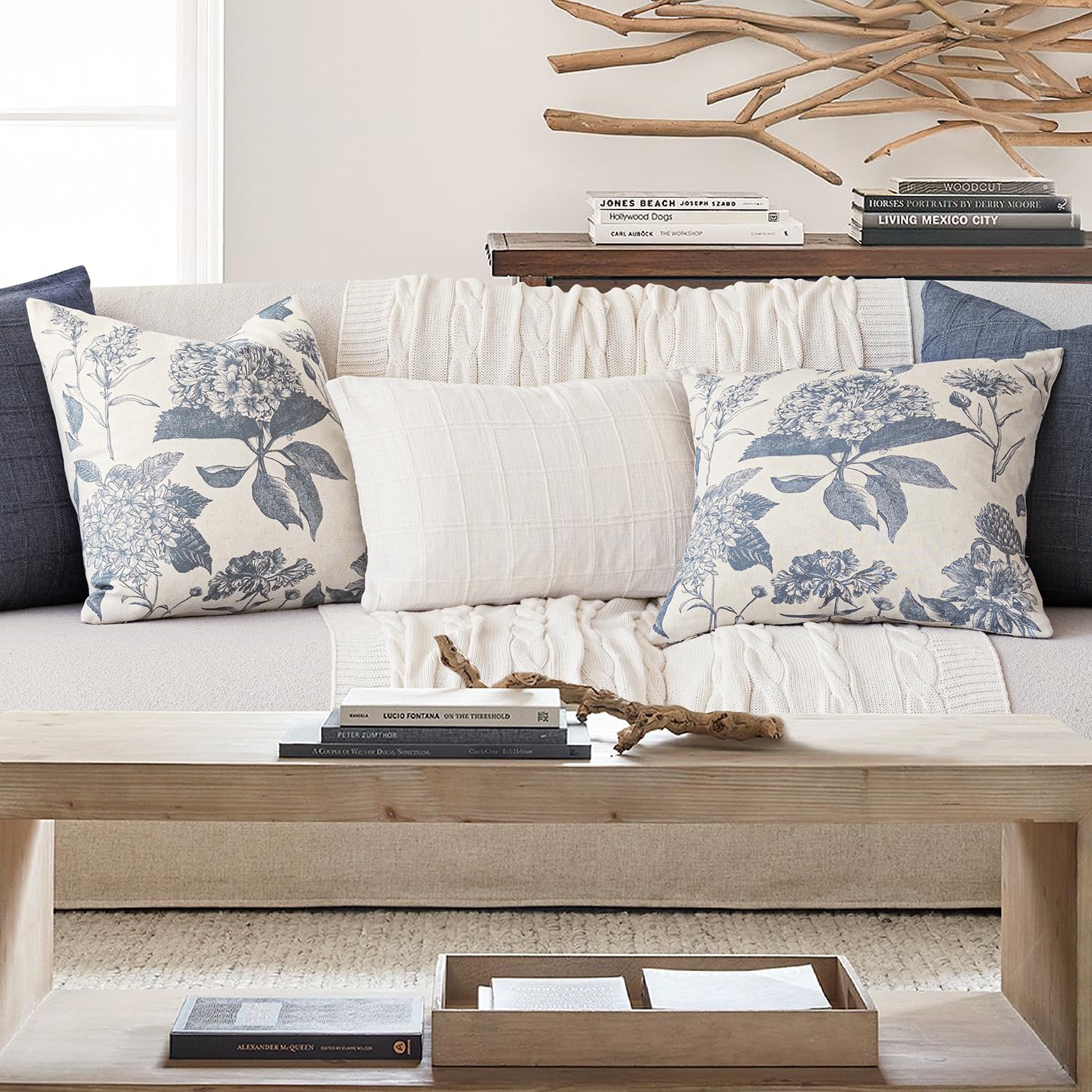 Foindtower blue floral pillow cover ideal for farmhouse or boho decor.