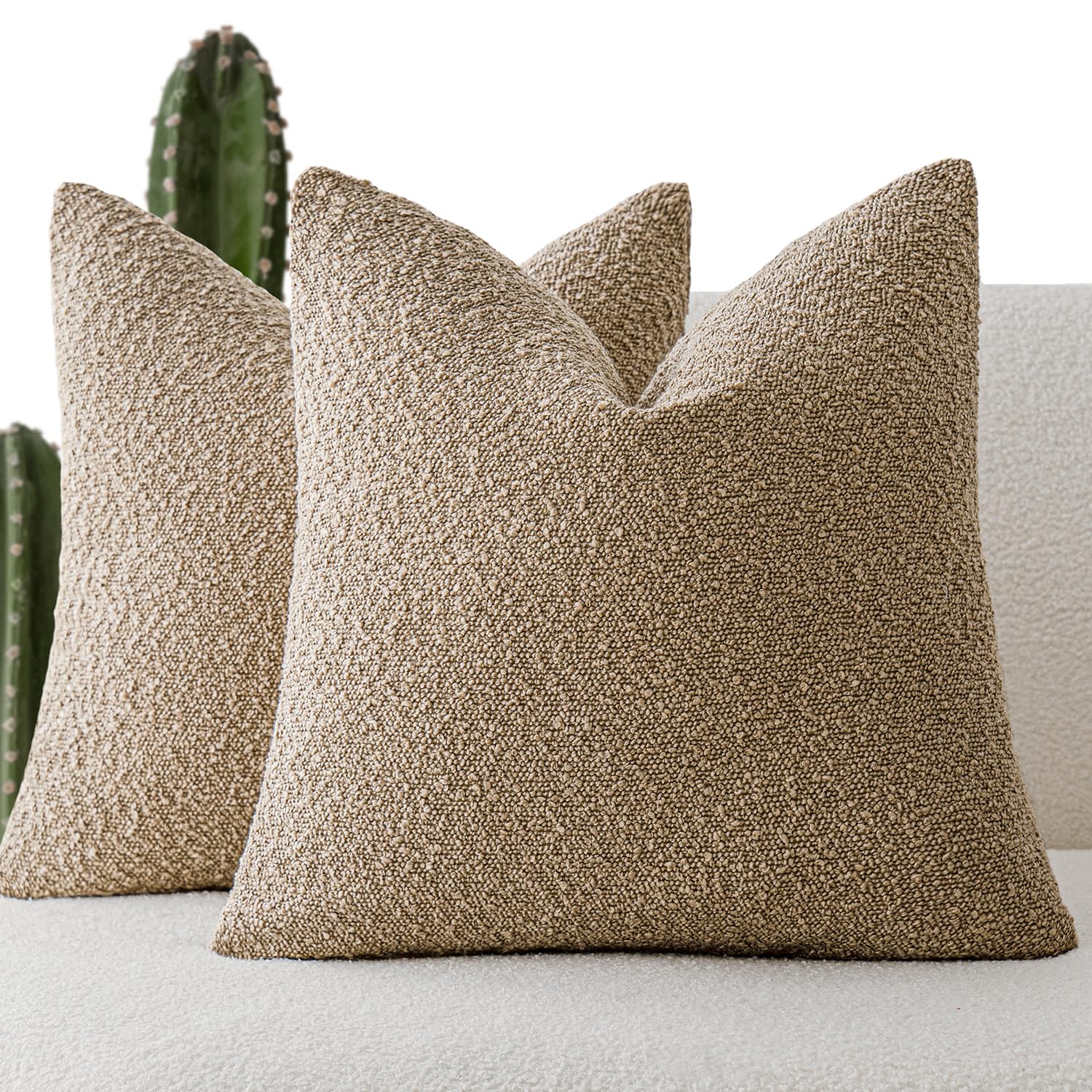 Foindtower Boucle pillow cover 20x20 taupe texture close-up for cozy living room decor.