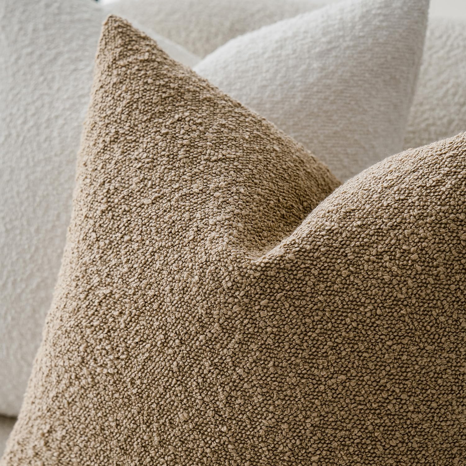 Foindtower Boucle pillow cover bedroom decor view showcases neutral camel shade.