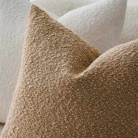 Foindtower Boucle pillow cover bedroom decor view showcases neutral camel shade.